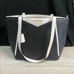 Michael Kors Black and White Whitney Top Zip Leather Tote Bag